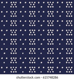 Abstract seamless background in blue and white. Seamless Tribal pattern. Polka dot pattern. Fabric, textile, print. Simple folk motif. Vector background.