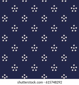 Abstract seamless background in blue and white. Seamless Tribal pattern. Polka dot pattern. Fabric, textile, print. Simple folk motif. Vector background.