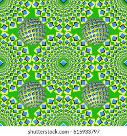 Abstract seamless background with bright optical illusion of movement executed from spheres and pulsing squares. Style op art. Can be used for textile or packing.