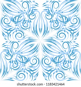 Abstract seamless background of bright ornate curly line elements. Decorative pattern. Blue ornaments on white.