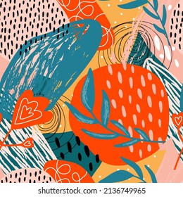 Abstract seamless background. Bright spots, dots, textures, lines, grunge, plant branches, leaves, various shapes. Modern patchwork. Vector flat illustration for design textile, print, wallpaper