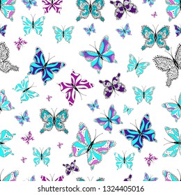 Abstract seamless background. Butterflies pattern. Fashion Fabric Design. Illustration on blue, white and black colors. Vector.