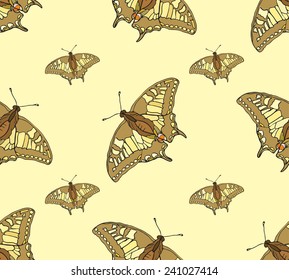 Abstract Seamless Background of Butterflies. Vector Hand Drawn Pattern. 
