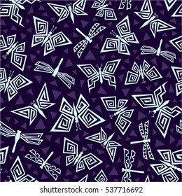 Abstract seamless background. Butterfly and dragonfly polygonal silhouettes. Vector graphics.