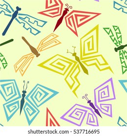 Abstract seamless background. Butterfly and dragonfly polygonal silhouettes. Vector graphics.
