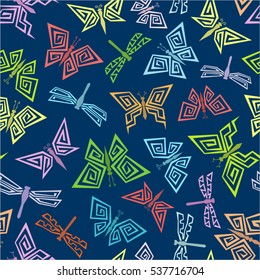 Abstract seamless background. Butterfly and dragonfly polygonal silhouettes. Vector graphics.