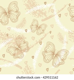 Abstract seamless background with butterfly , hearts and strokes. vector