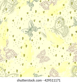 Abstract seamless background with butterfly , hearts and strokes. vector