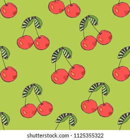 Abstract seamless background. Cherry on a green background for the design of a greeting card, invitations to a party, wallpaper, festive wrapping paper, cloth,  T-shirt, advertising in the workshop