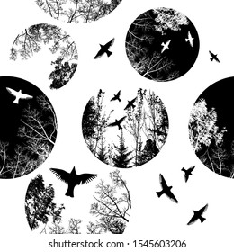 Abstract seamless background with circles of trees and birds. Vector illustration