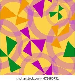 Abstract seamless background, colored rings and triangles on a yellow background.