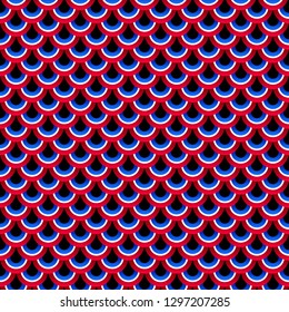 Abstract seamless background. Colorful scales. Black, red, blue and white geometric pattern