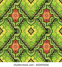 Abstract seamless background with colorful shapes. Ornamental hand-drawn rhombuses. Vector illustration. Decorative pattern.