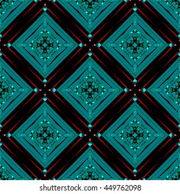 Abstract seamless background with colorful shapes. Ornamental luminous hand-drawn rhombuses. Vector illustration. Decorative pattern.