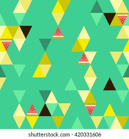 Abstract seamless background with Colorful Triangles and  stylized watermelon slices. Vector