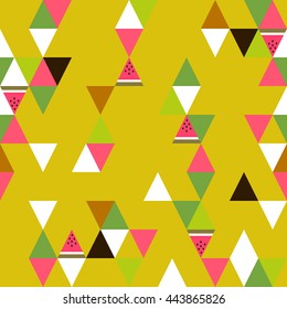Abstract seamless background with Colorful Triangles and  stylized watermelon slices. Vector
