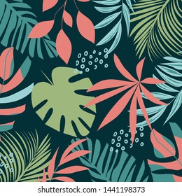 Abstract seamless background with colorful tropical leaves and plants on black background. Vector design. Jungle print. Floral background. Printing and textiles. Exotic tropics. Summer design.