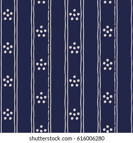 Abstract seamless background in dark blue and white. Seamless Tribal pattern. Fabric, textile, print. Simple folk uneven motif with strips. Polkadot, polka dot pattern.Russia ethnic vector background.