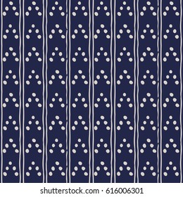 Abstract seamless background in dark blue and white. Seamless Tribal pattern. Fabric, textile, print. Simple folk uneven motif with strips. Polkadot, polka dot pattern.Russia ethnic vector background.
