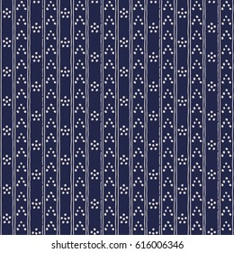 Abstract seamless background in dark blue and white. Seamless Tribal pattern. Fabric, textile, print. Simple folk uneven motif with strips. Polkadot, polka dot pattern.Russia ethnic vector background.
