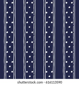 Abstract seamless background in dark blue and white. Seamless Tribal pattern. Fabric, textile, print. Simple folk uneven motif with strips. Polkadot, polka dot pattern.Russia ethnic vector background.