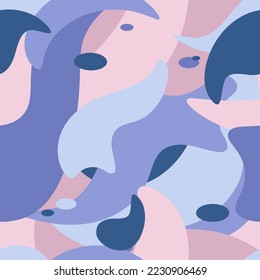 Abstract seamless background design. Abstract geometric pattern with different smooth flowing shapes. Purple, violet, pink colors, for fabric, wrapping, backdrop.