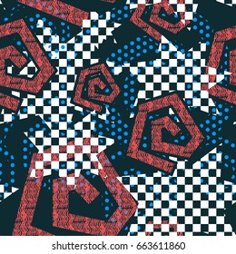 Abstract seamless background of different patterns and geometric shapes. Bright youth of color.