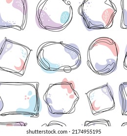 Abstract seamless background with doodle shaped frames and pastel organic shapes and blots on white background vector graphic.Hand drawn doodle background for textile,wallpaper,card,and other design
