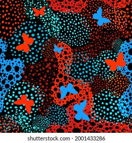 Abstract seamless background of dots and circles. Print for fabric with butterflies . Vector illustration
