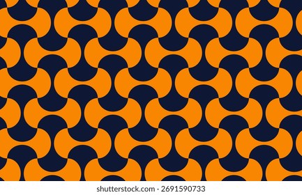 Fundo sem costura abstrato com um padrão geométrico inspirado retro com formas curvas laranja e azul marinho entrelaçadas