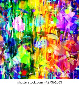 Abstract seamless background. Festive colors. Wavy lines and spots of polygons