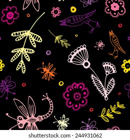 abstract seamless background, flowers, birds and insects hand drawn pattern
