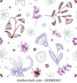 abstract seamless background, flowers and insects hand drawn pattern