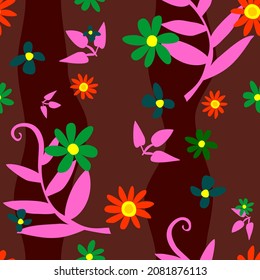 Abstract seamless background with flowers and plants. Pattern for fabric or wallpaper. Vector design in dark hues.