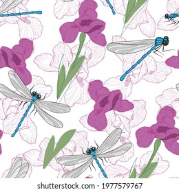 Abstract seamless background with flying dragonflies and spring iris flowers. Vector design.