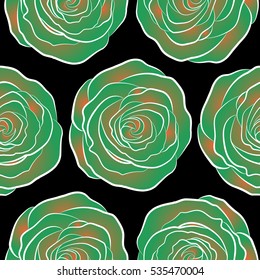 Abstract seamless background with flying green and orange roses on a black background. Seamless pattern with green and orange roses. Vector illustration.
