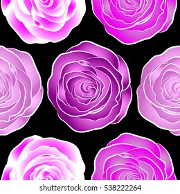 Abstract seamless background with flying neutral, white and magenta roses on a black background. Seamless pattern with neutral, white and magenta roses. Vector illustration.
