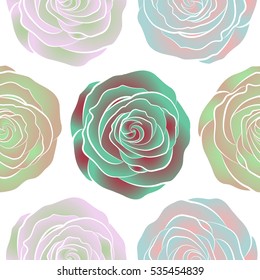 Abstract seamless background with flying red, green and neutral roses on a white background. Seamless pattern with red, green and neutral roses. Vector illustration.