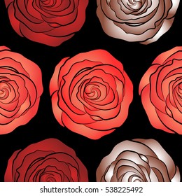Abstract seamless background with flying red, white and orange roses on a black background. Seamless pattern with red, white and orange roses. Vector illustration.