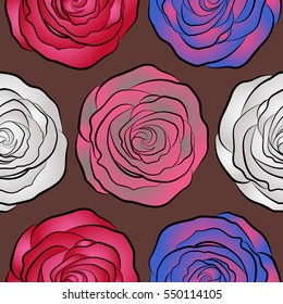 Abstract seamless background with flying red, neutral and pink roses. Seamless pattern with red, neutral and pink roses. Vector illustration.