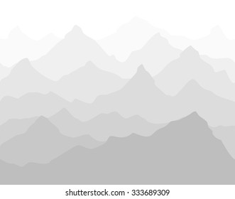 Abstract seamless background with foggy mountings in layers from grey to white color. Panorama of gray silhouette mountain ridges in fog, based on the Smokey Mountains. Vector art image illustration