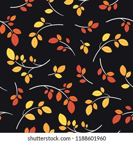 Abstract seamless background with foliage on branches. Garden beautiful backdrop with bright fall branches isolated on black background. Botany abstract vector pattern of color plant leaves.