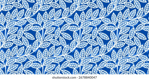 Abstract seamless background with foliage in white and blue. Vector illustration for fabric or gift wrap.