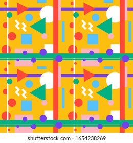 Abstract seamless background with geometric patterns. Multicolored circles, squares, triangles, lines on a yellow background. Repeating texture for wallpaper design, cover, textile, wrapping. Vector