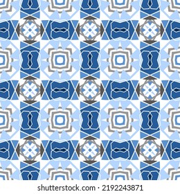 Abstract seamless background. Geometrical Pattern design in Aztec symbols, Ethnic Style. Blue embroidered, ideal for men shirt, male fashion, tote, bag, Wallpaper, backdrop.