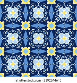 Abstract seamless background. Geometrical Pattern design in Aztec symbols, Ethnic Style. Blue embroidered, ideal for men shirt, male fashion, tote, bag, Wallpaper, backdrop.