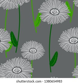 Abstract seamless background of gerbera flowers with stems on a dark gray background. Vector illustration