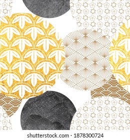 Abstract seamless background with gold texture vector in Japanese style. Geometric pattern with brush stroke illustration in vintage style. 