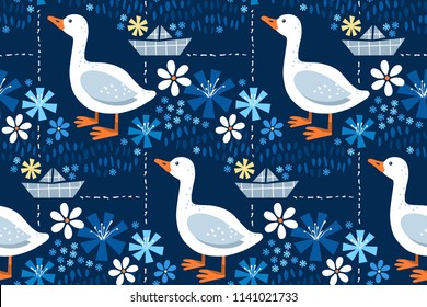 Abstract seamless background with goose on dark blue. Hand-drawn vector Illustration