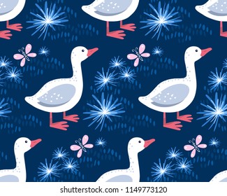 Abstract seamless background with goose on dark blue. Hand-drawn vector Illustration